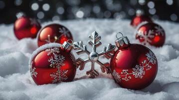 Red Christmas Ornaments and Silver Snowflake Decoration on Fresh Snow photo