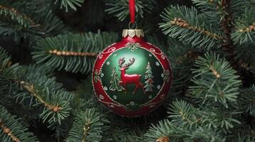 Hanging Christmas Ornament with Reindeer and Tree Design on Fir Branch photo