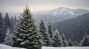 Snow Falling Near the Christmas Tree with Winter Mountain Background photo