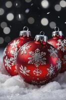 Red Christmas Ornaments with Snowflake Design on Snow Festive Decoration photo