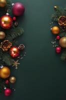 Festive Christmas Ornament Arrangement with Pine Branches and Gold Decorations photo