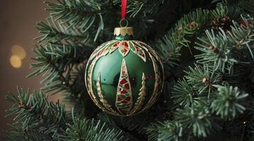 Hanging Green and Gold Christmas Ornament on Tree with Red Ribbon photo