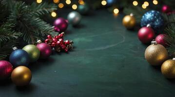 Arranging Christmas Ornaments and Berries on Green Surface with String Lights photo
