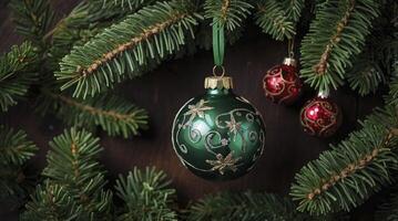 Hanging Christmas Ornaments with Pine Branches on Dark Wood Background photo