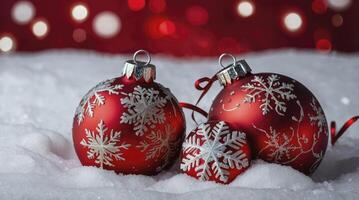 Festive Red Christmas Ornaments with Snowflake Design in Snow Setting photo