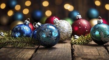 Colorful Christmas Ornaments on Rustic Wood with Bokeh Lights Festive Still Life photo