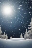 Snow Falling Over Winter Landscape with Snowy Trees and Moonlight photo