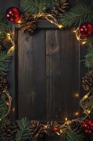 Christmas Frame with Pinecone, Ornament and Lights on Dark Wood photo
