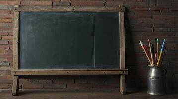 Vintage Chalkboard Against Brick Wall with Colorful Pencils in Metal Container photo