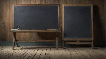 Vintage Chalkboards on Wooden Stand with Chalk and Eraser Ready for Learning photo