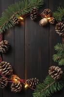 Arranging Christmas Decorations with Pine Cones and Lights on Wooden Table photo