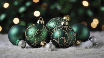 Elegant Green Christmas Ornaments with Gold Details on Snowy Surface photo