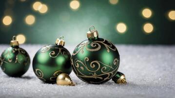 Elegant Green Christmas Ornaments with Gold Detailing on Snowy Background photo