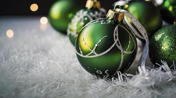 Green Christmas Ornament Display on White Fluffy Surface for Festive Decoration photo
