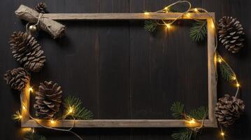 Creating Christmas Card with Pine Cones, Wood Frame, and String Lights photo