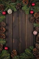 Christmas Pine Branches and Pine Cones Arranged on Rustic Wood Surface photo