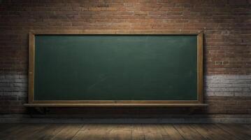 Chalkboard on Brick Wall with Wood Floor Empty Green Surface photo
