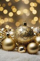 Golden Christmas Ornaments Sparkling on Fluffy White Surface with Bokeh Lights photo