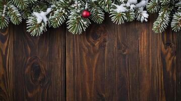 Christmas Tree Branches with Snow and Ornament on Wooden Table photo