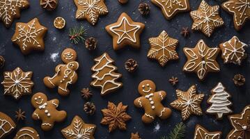 Christmas Gingerbread Cookies and Festive Decoration Flat Lay on Dark Background photo