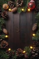 Festive Christmas Decoration Frame with Pine Cones, Branches, and Lights photo