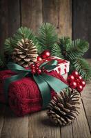 Festive Christmas Gifts with Pine Cones and Fir Branches Arrangement photo