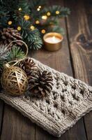 Christmas Ornament and Pine Cones on Rustic Wood for Holiday Cheer photo