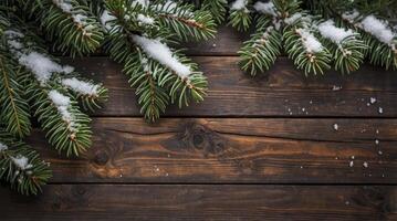 Fir Branches with Snow on Dark Wood Background for Holiday Season photo