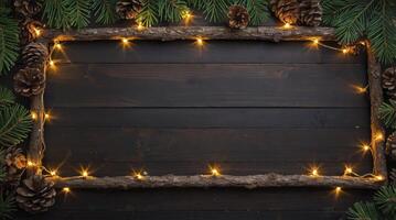 Festive Christmas Background with Pinecones, Twigs and Holiday String Lights photo