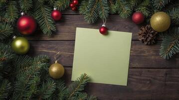 Christmas Card on Wooden Background with Festive Decorations and Fir Branches photo