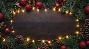 Christmas Decor with Lights Fir Branches and Pine Cones on Wood photo