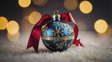 Festive Christmas Ornament with Red Ribbon and Bokeh Lights Background photo
