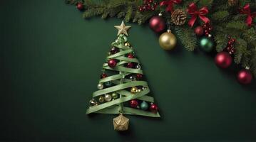 Festive Christmas Tree Made of Ribbon and Ornaments on Green Background photo