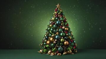 Decorated Christmas Tree with Ornaments and Ribbons on Green Background photo