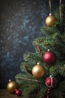 Decorated Christmas Tree with Baubles and Lights on Rustic Background photo