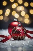 Festive Christmas Ornament Display with Bokeh Lights and Elegant Ribbon photo