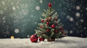 Decorated Christmas Tree with Falling Snow and Ornaments Festive Holiday Scene photo