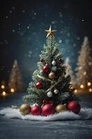 Decorated Christmas Tree with Ornaments and Star Against Festive Background photo