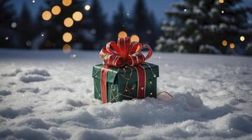 Present in Snow Winter Landscape Gift Box with Red Bow photo