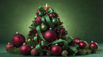 Decorated Christmas Tree with Ornaments and Green Ribbon Against Green Background photo