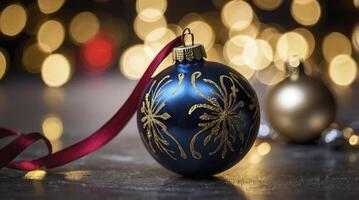 Elegant Christmas Ornament with Gold Detail and Festive Bokeh Lights photo