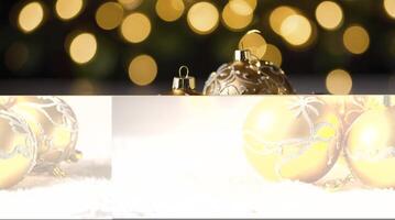 Golden Christmas Ornaments on White Fluff with Bokeh Background Festive Scene photo