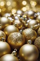 Golden Christmas Ornaments Close Up with Bokeh Lights for Festive Season photo