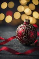 Red Christmas Ornament with Gold Details and Ribbon on Dark Background photo