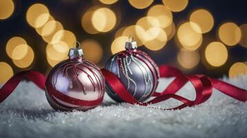 Christmas Ornaments on Snow with Red Ribbon and Bokeh Lights Background photo