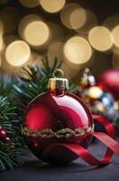Festive Red Christmas Ornament with Ribbon and Bokeh Background photo