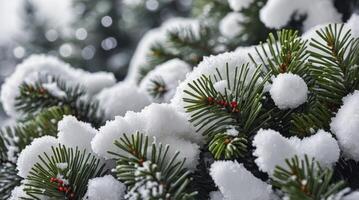 Evergreen Tree Branches Heavily Covered in Fresh Winter Snow Close Up photo
