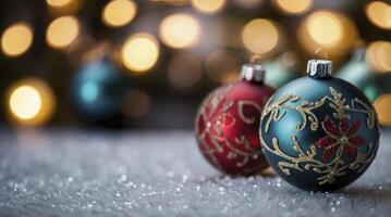 Festive Christmas Ornaments with Bokeh Lights and Glittery Background Scene photo