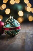 Elegant Christmas Ornaments on Wood with Festive Bokeh Lights photo