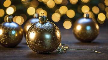 Golden Christmas Ornaments on Wooden Surface with Festive Bokeh Background photo